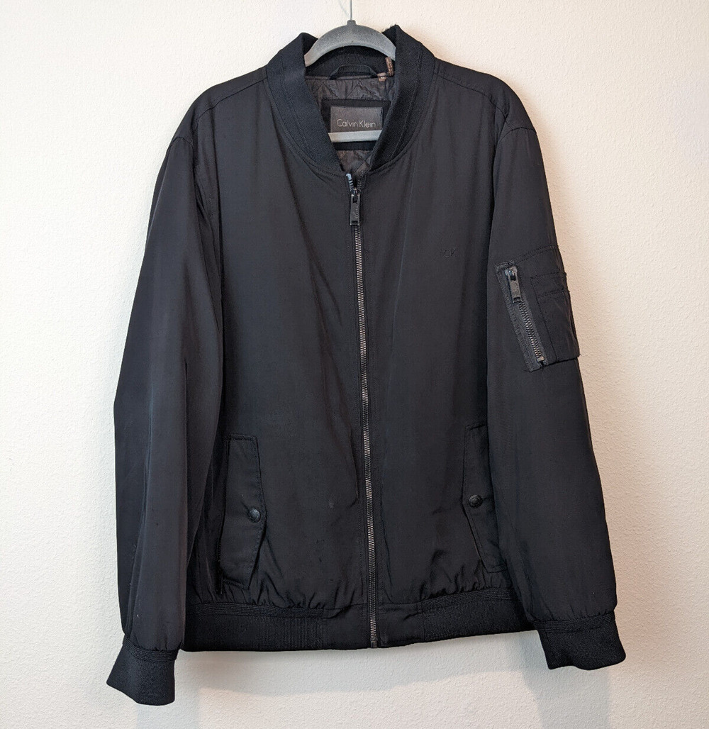 Calvin Klein Bomber Jacket Coat Black XL Zipper Pockets Mens Nylon Full Zip